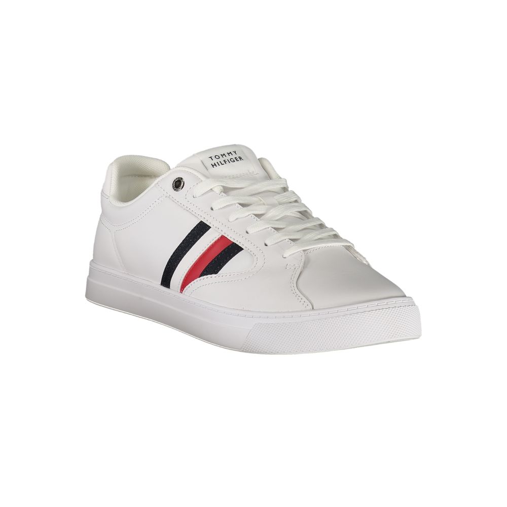 Tommy Hilfiger White Leather Men Sneaker with laces, featuring sleek design and iconic logo. Perfect for fashion-forward style.