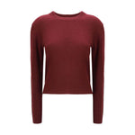 Allude Cashmere Sweater with ribbed crew neck, cuffs, and hem, shown in red. Perfect timeless classic for winter wardrobe.