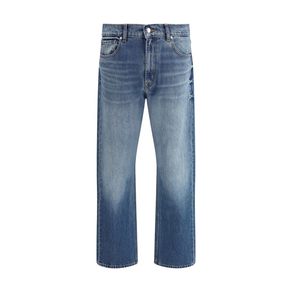 7FOR Blue Cotton Straight-Leg Jeans front view showcasing relaxed fit, straight leg, and mid-rise waist design.