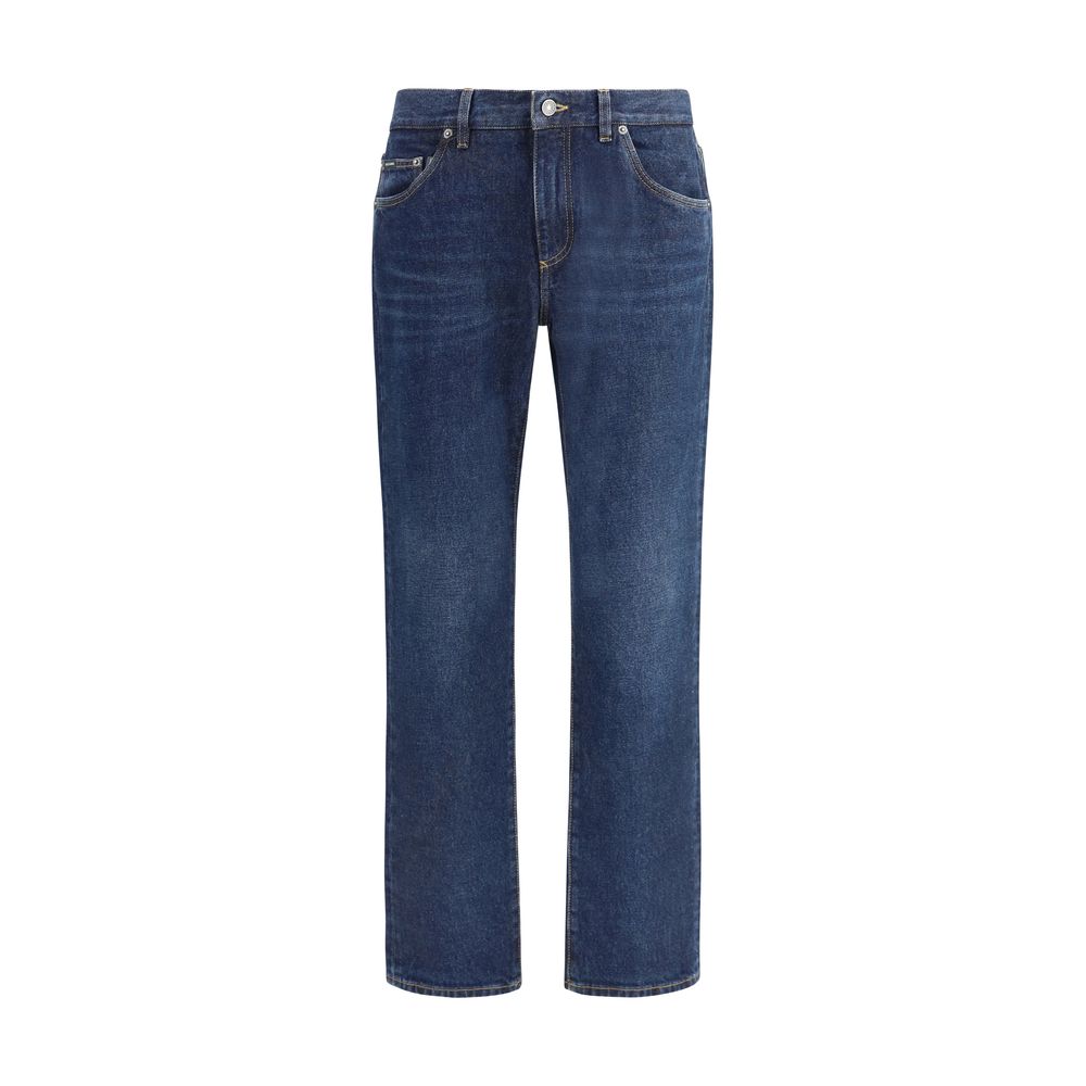 Dolce & Gabbana Blue Cotton Straight-Leg Jeans with classic 5-pocket design, logo plaque, and zipper closure in dark blue denim.