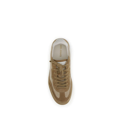 Top view of Axel Arigato Beige Leather Low Top Sneakers with suede accents and lace-up closure, inspired by retro and streetwear style.