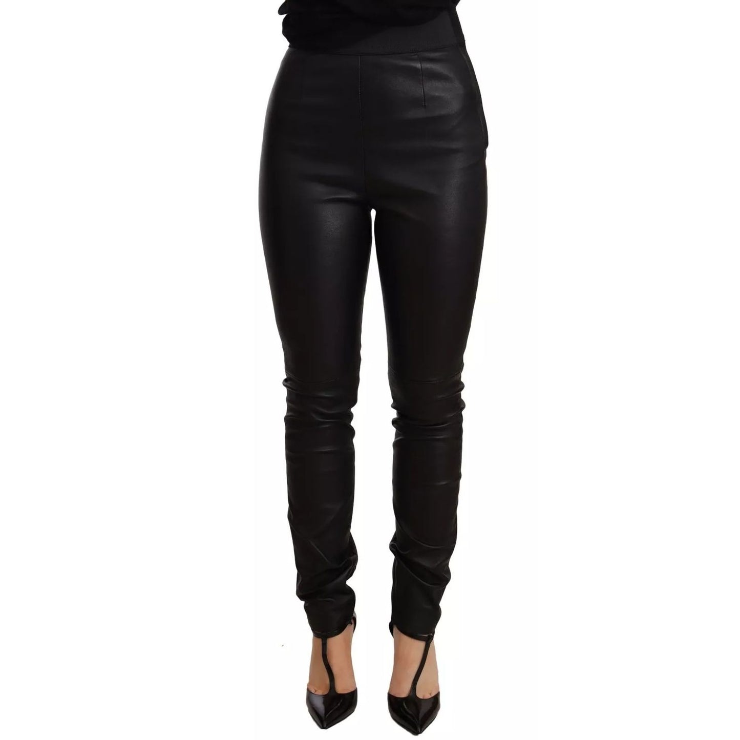 Dolce & Gabbana Black Leather Elastic Waist Trouser Pants