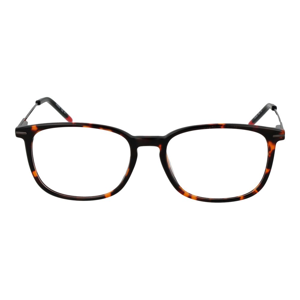 Hugo Boss Brown Men Glasses Frame, full-rim rectangle acetate, demo lenses, spring hinge with branded case, perfect for stylish men.