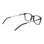 Tortoiseshell rectangle eyeglasses with red tips and thin arms on a white background