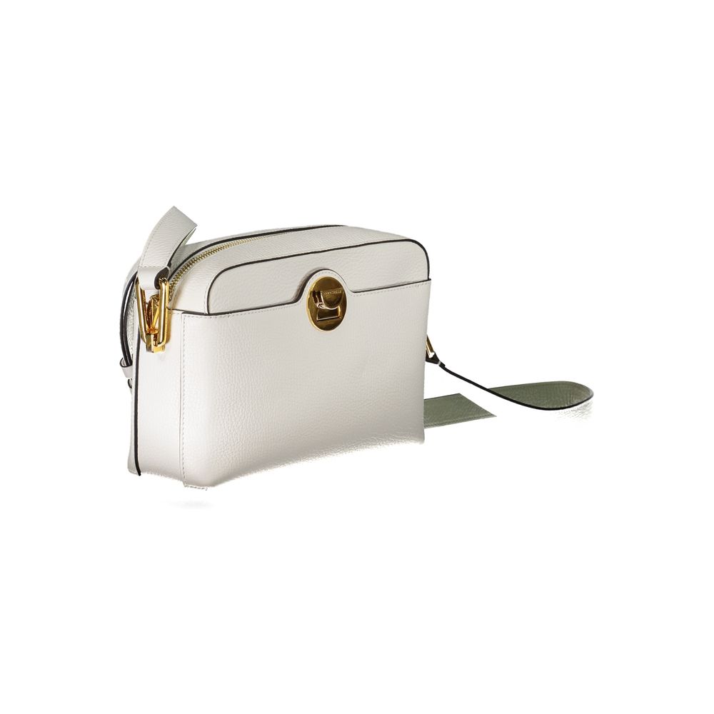 Coccinelle White Leather Handbag with adjustable shoulder strap, contrasting details, and swivel closure, showcasing elegant design.