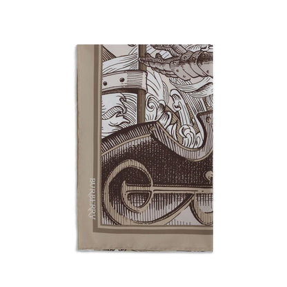 Alt Tag: Burberry Beige Silk Scarf with Equestrian Knight print, made in Italy from silk twill, season AW25, elegant accessory.