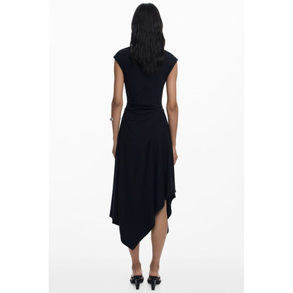 Back view of Desigual Black Cotton Women Dress with asymmetrical hemline and short sleeves, showcasing modern elegant style.