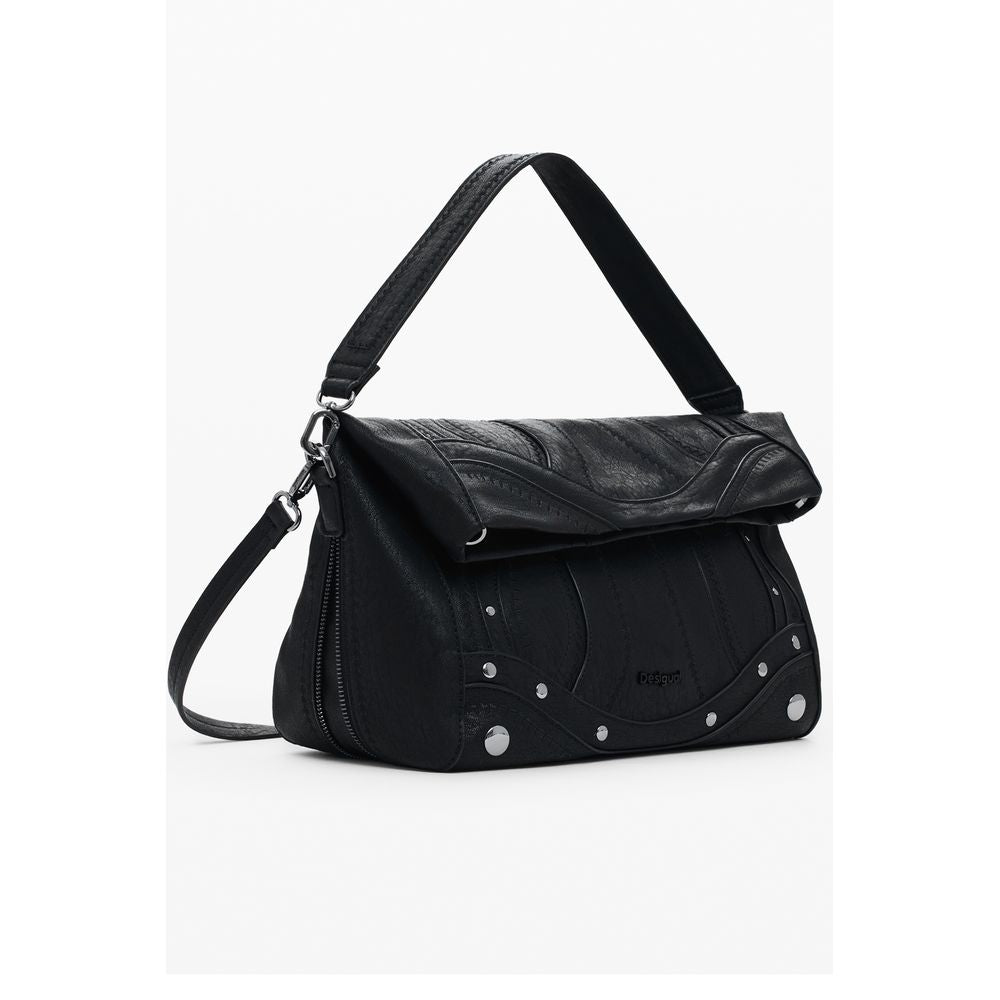 Desigual Black Polyethylene Women Handbag with embroidery and contrasting details, featuring expandable bottom and removable straps.