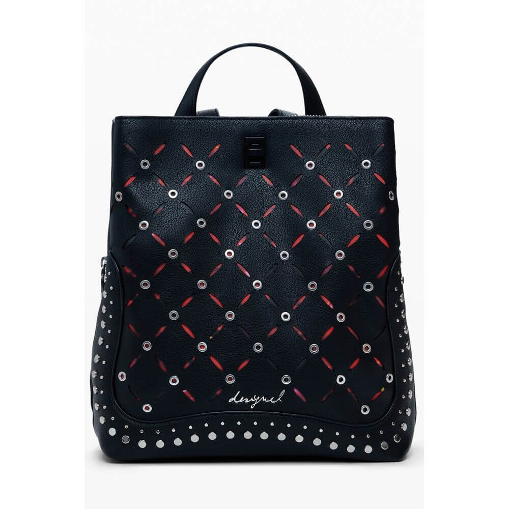 Desigual Black Polyethylene Women Backpack with studded finish, featuring adjustable straps and multiple compartments for practicality.
