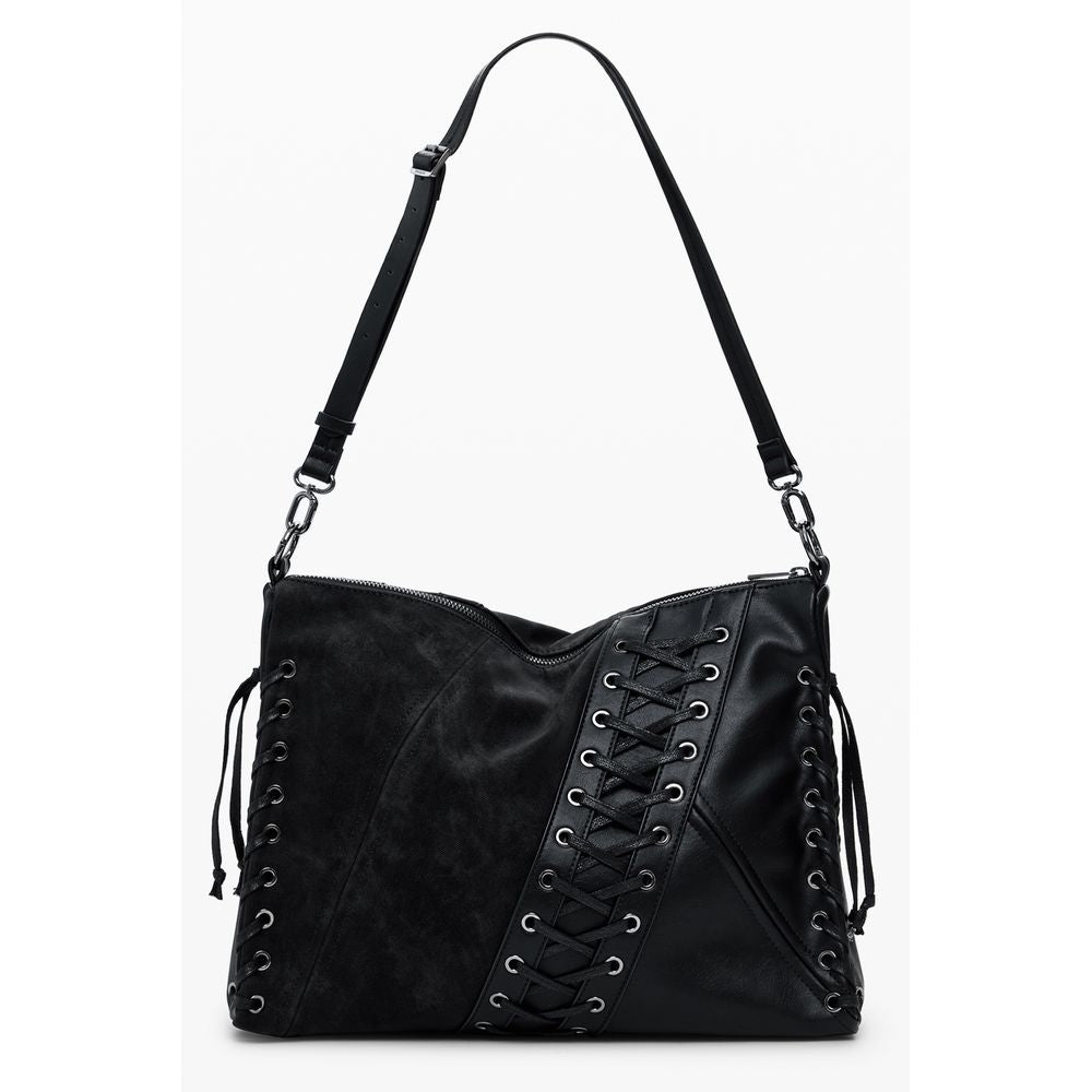 Desigual Black Polyethylene Women Handbag with adjustable strap and striking contrast design, featuring brand's iconic logo.