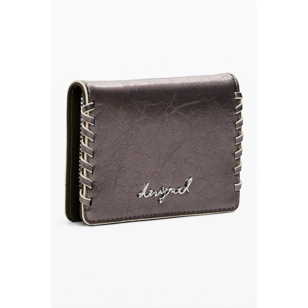 Desigual Bronze Polyethylene Women Wallet featuring signature embroidery and zip closure for functionality and artistry.