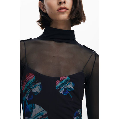 Desigual Black Polyester Women Dress with watercolor pattern and thin straps over a high-neck T-shirt, showcasing chic contrast.