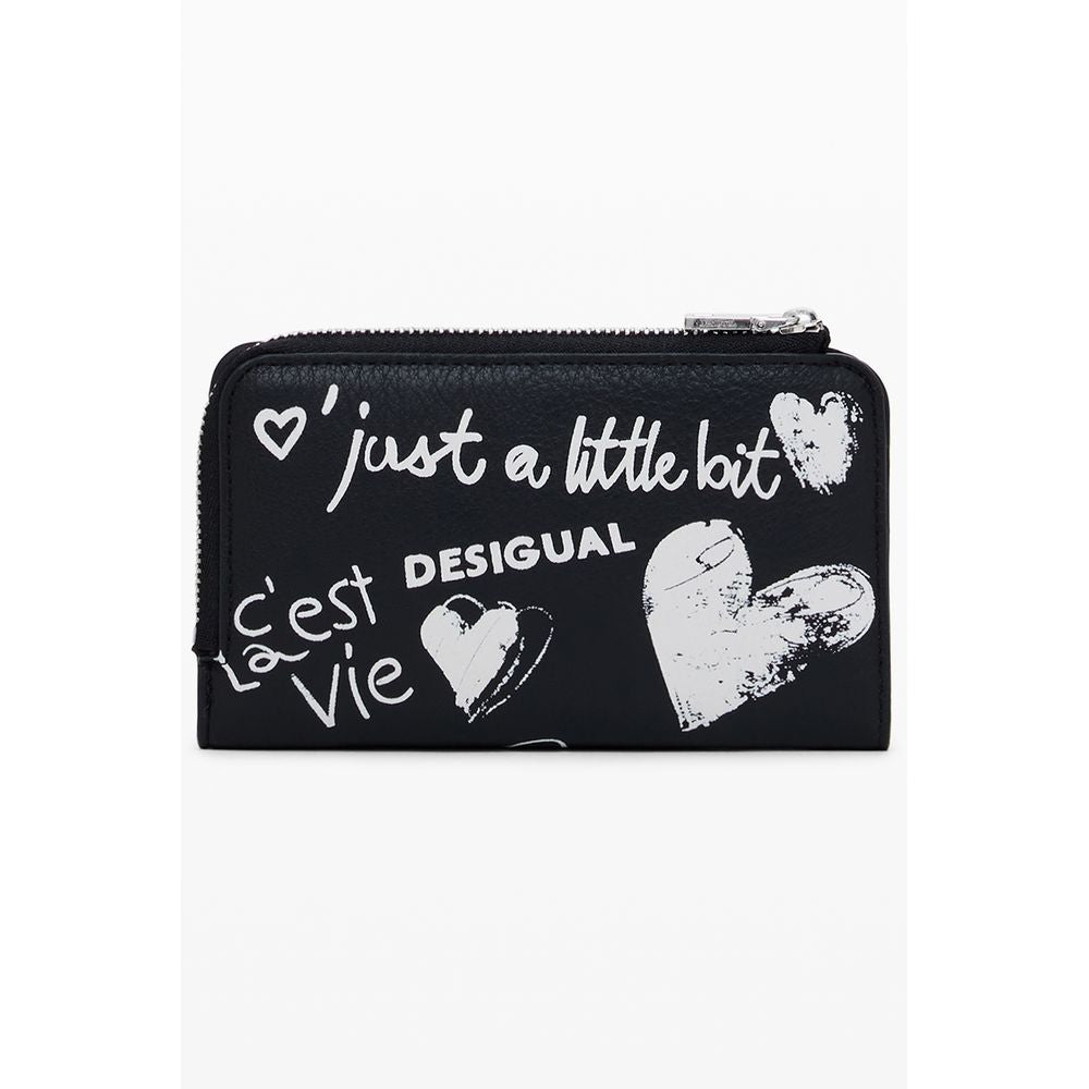 Desigual Black Polyethylene Women Wallet, stylish black accessory with bold text designs, three compartments, and secure closures.