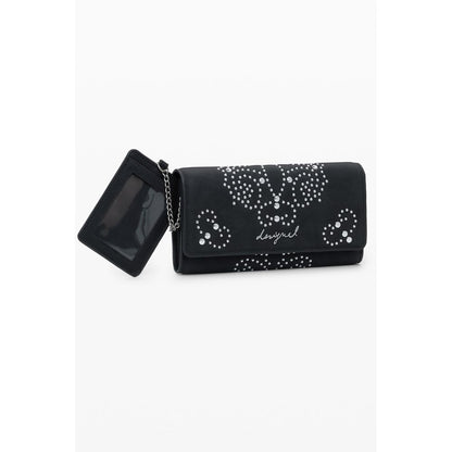 Desigual Black Polyethylene Women Wallet with studs and logo, featuring zip and snap closure for secure storage with multiple compartments.