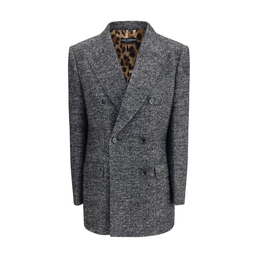 Dolce & Gabbana Gray Fleece Wool Blazer with double-breasted chevron design, peaked lapels, and elegant style for formal looks.