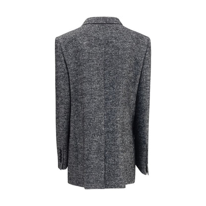 Back view of Dolce & Gabbana Gray Fleece Wool Blazer with chevron pattern and peaked lapels, AW25 season, tailored for formal wear.