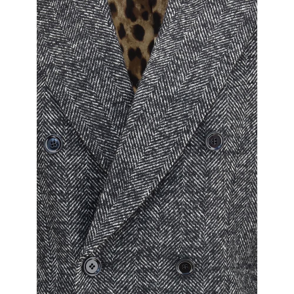 Dolce & Gabbana Gray Fleece Wool Blazer with a chevron pattern, double-breasted style, and peaked lapels, showcasing elegant tailoring.
