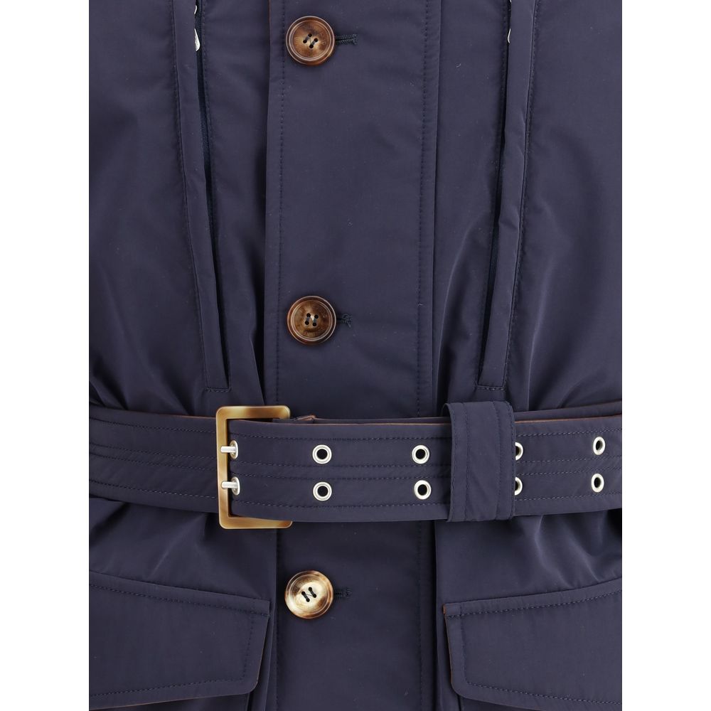 Close-up of Brunello Cucinelli Blue Polyester Coat with button details and belt