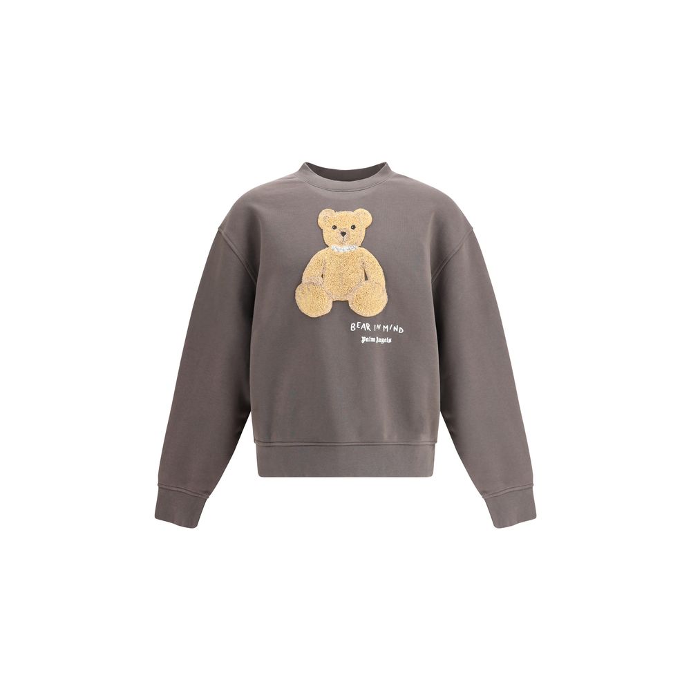 Palm Angels Brown Cotton Sweatshirt with iconic bear embroidery on front, casual and unique style with ribbed crew neck.
