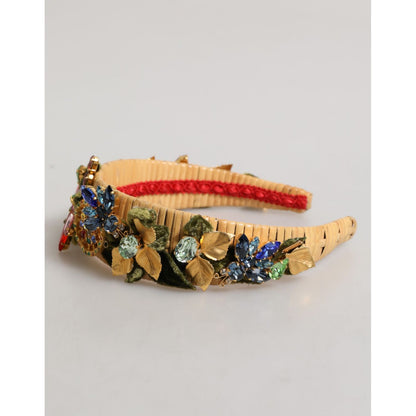 Dolce & Gabbana Multicolor Crystal Floral Gold Green Velvet Crown Headband