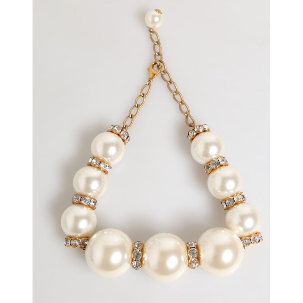 Dolce & Gabbana Gold Brass Faux Pearl Crystal Statement Luxury Jewelry Necklace on display