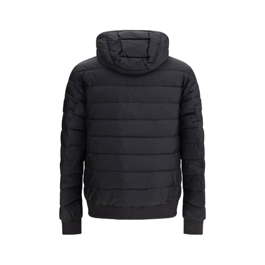 Back view of Belstaff Control Down Jacket in black with water-repellent fabric and drawstring hood.