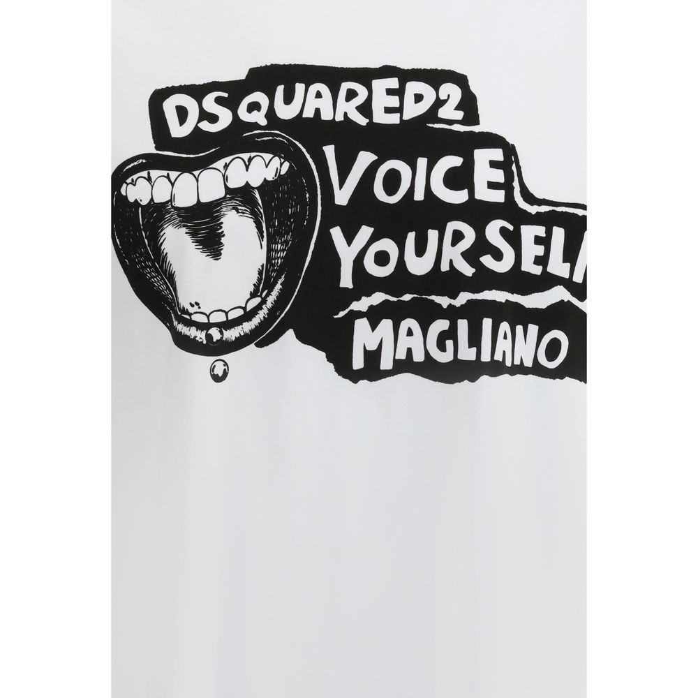 Dsquared² White Cotton T-Shirt featuring bold logo and "Voice Yourself" graphic on front.