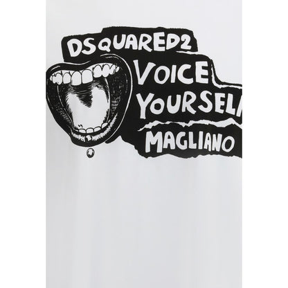Dsquared² White Cotton T-Shirt featuring bold logo and "Voice Yourself" graphic on front.
