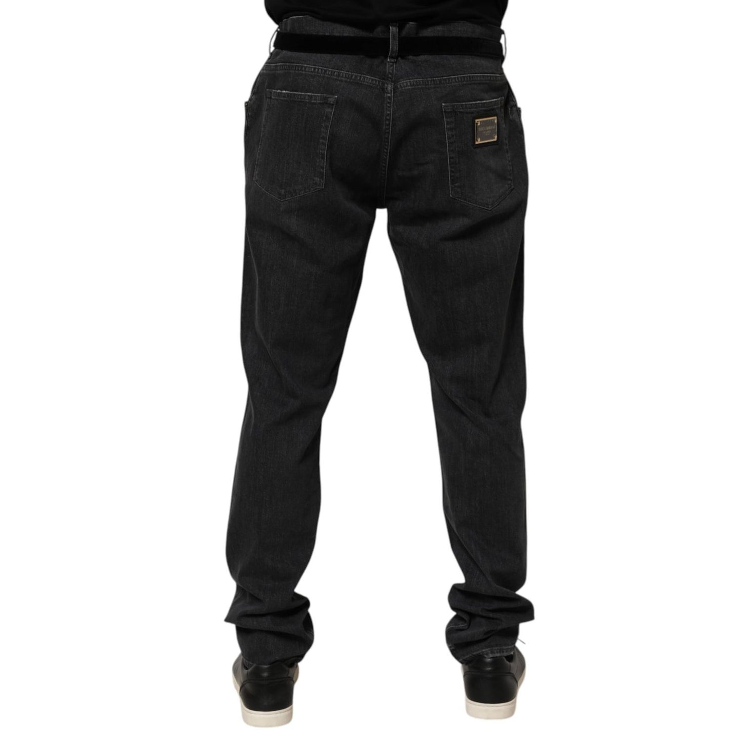 Dolce & Gabbana Black Cotton Slim Fit Distressed Ripped Logo Jeans