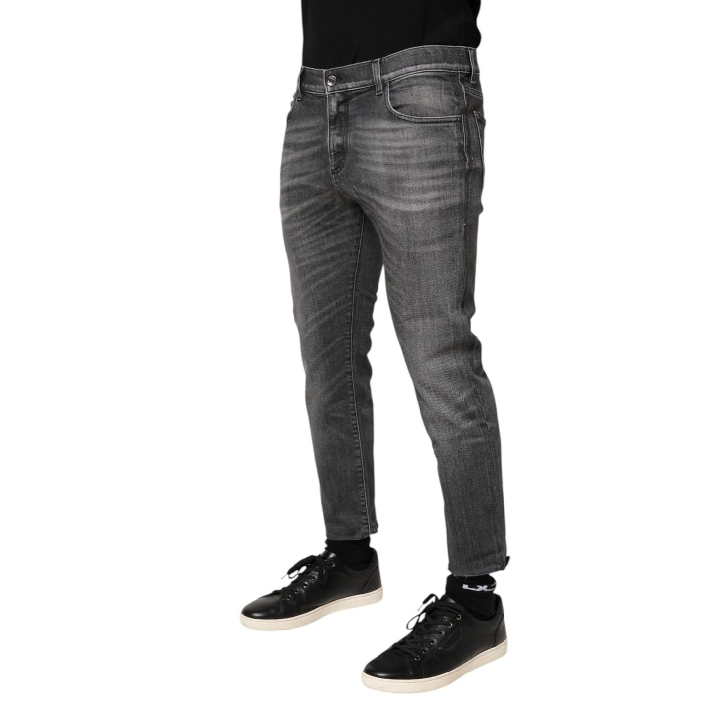 Dolce & Gabbana Grey Cotton Denim Slim Fit Distressed Pants Jeans