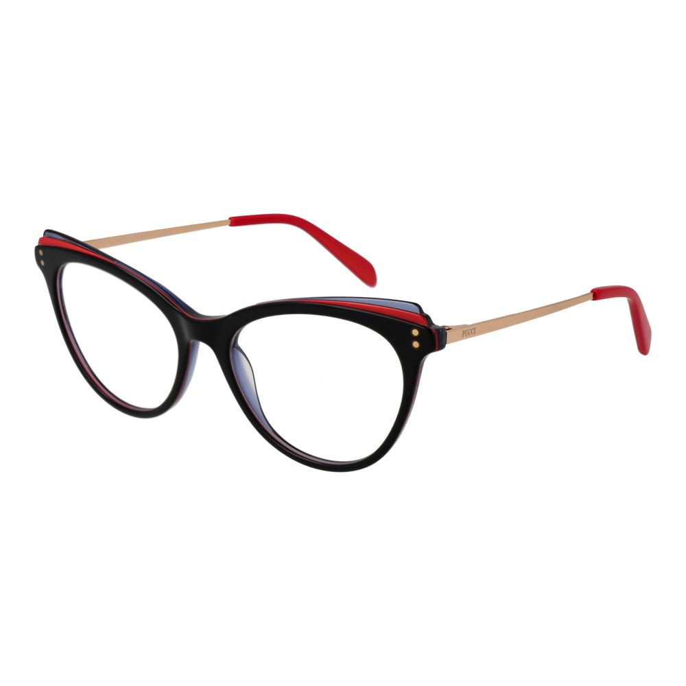 Emilio Pucci Black Women Glasses Frame, cat eye style with full-rim acetate in black, demo lenses, model size 54-17-140.