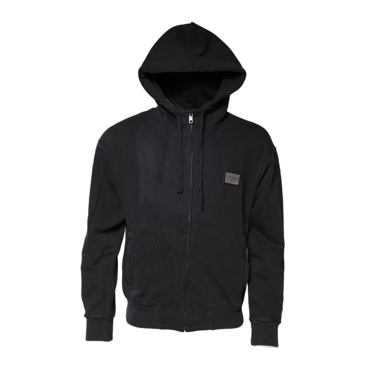 Dolce & Gabbana Black Logo FullZip Hooded Sweatshirt Sweater in 100% cotton with a zip closure and hood, showcasing luxury streetwear fashion.