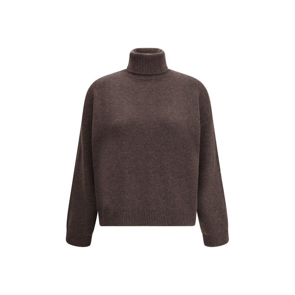 Brunello Cucinelli Brown Cashmere Turtleneck with oversized fit and monile embroidery, showcasing classic style and comfort.