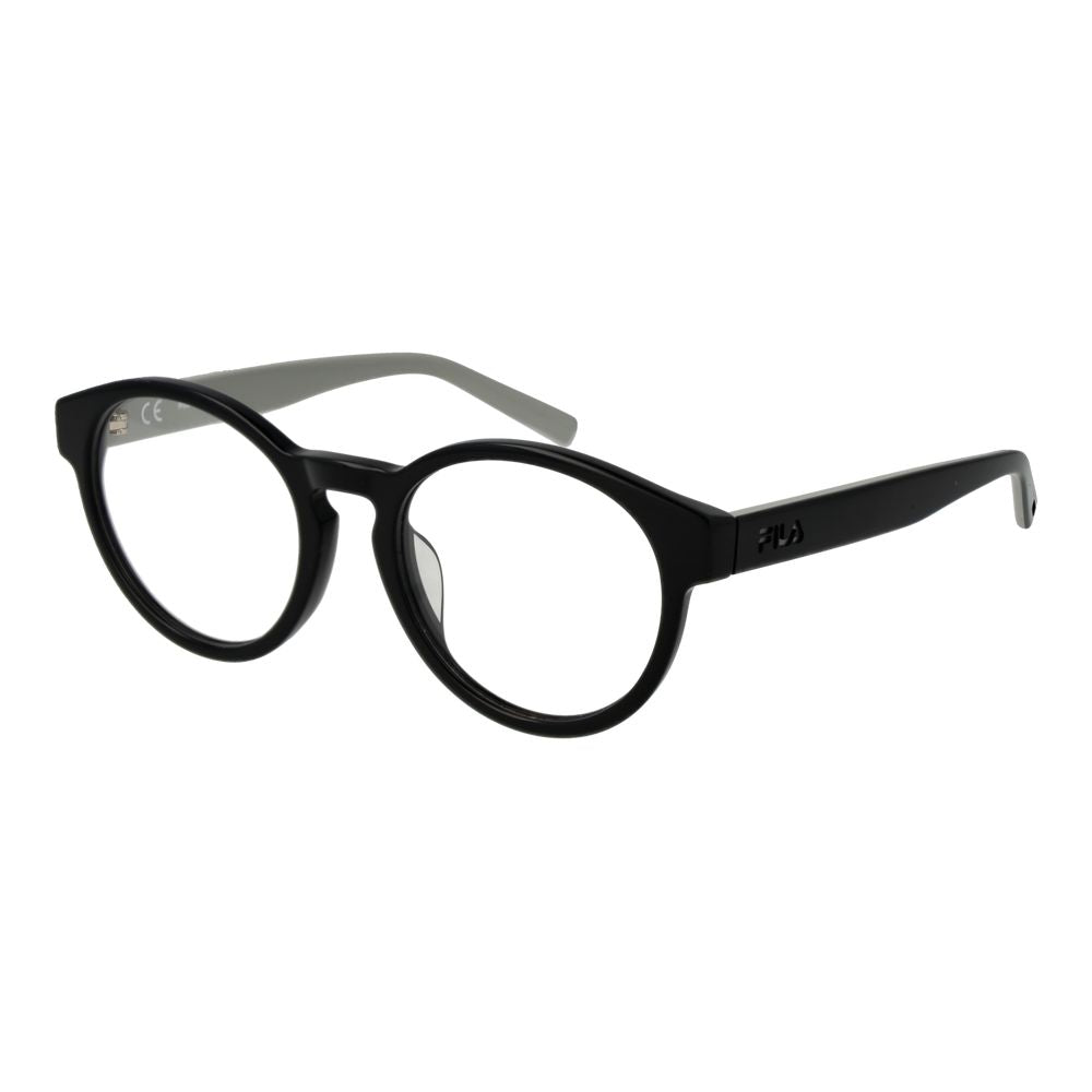 Fila Black Unisex Glasses Frame with full-rim cellulose acetate design, demo lenses, and panto style.