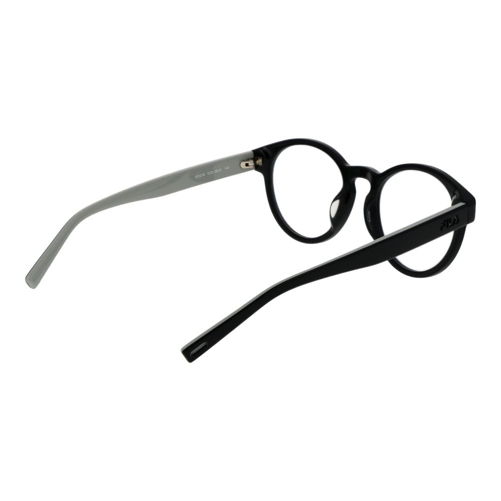 Fila Black Unisex Glasses Frame with full-rim cellulose acetate design, demo lenses, and panto style. Includes branded case, size 50-19-140.