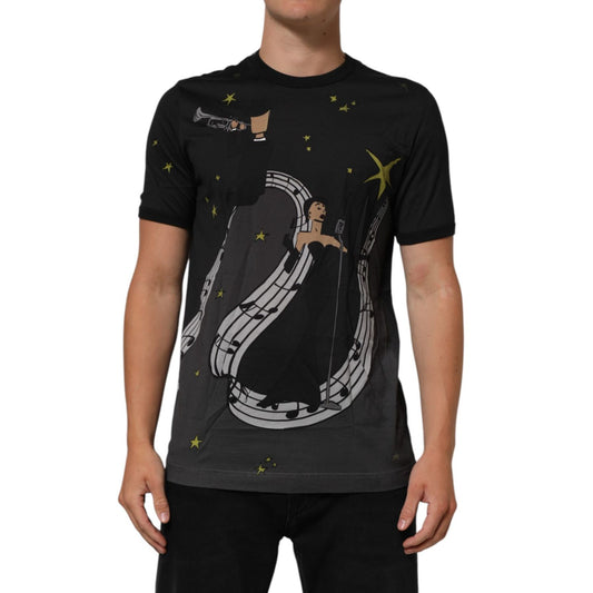 Model wearing Dolce & Gabbana Black Musical Print Cotton Crew Neck T-shirt, featuring unique musical-themed design and Italian craftsmanship.