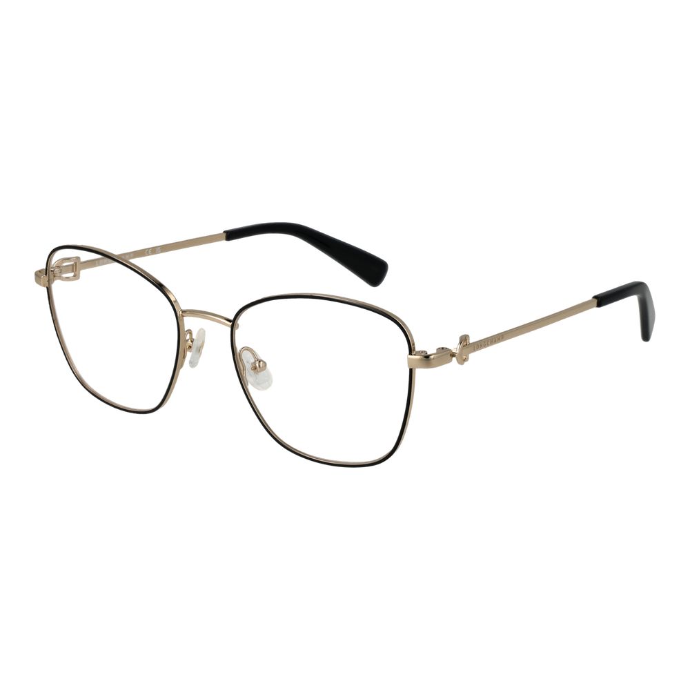 Longchamp Black Women Glasses Frame with full-rim square metal design and demo lenses, showcasing elegant black accents.