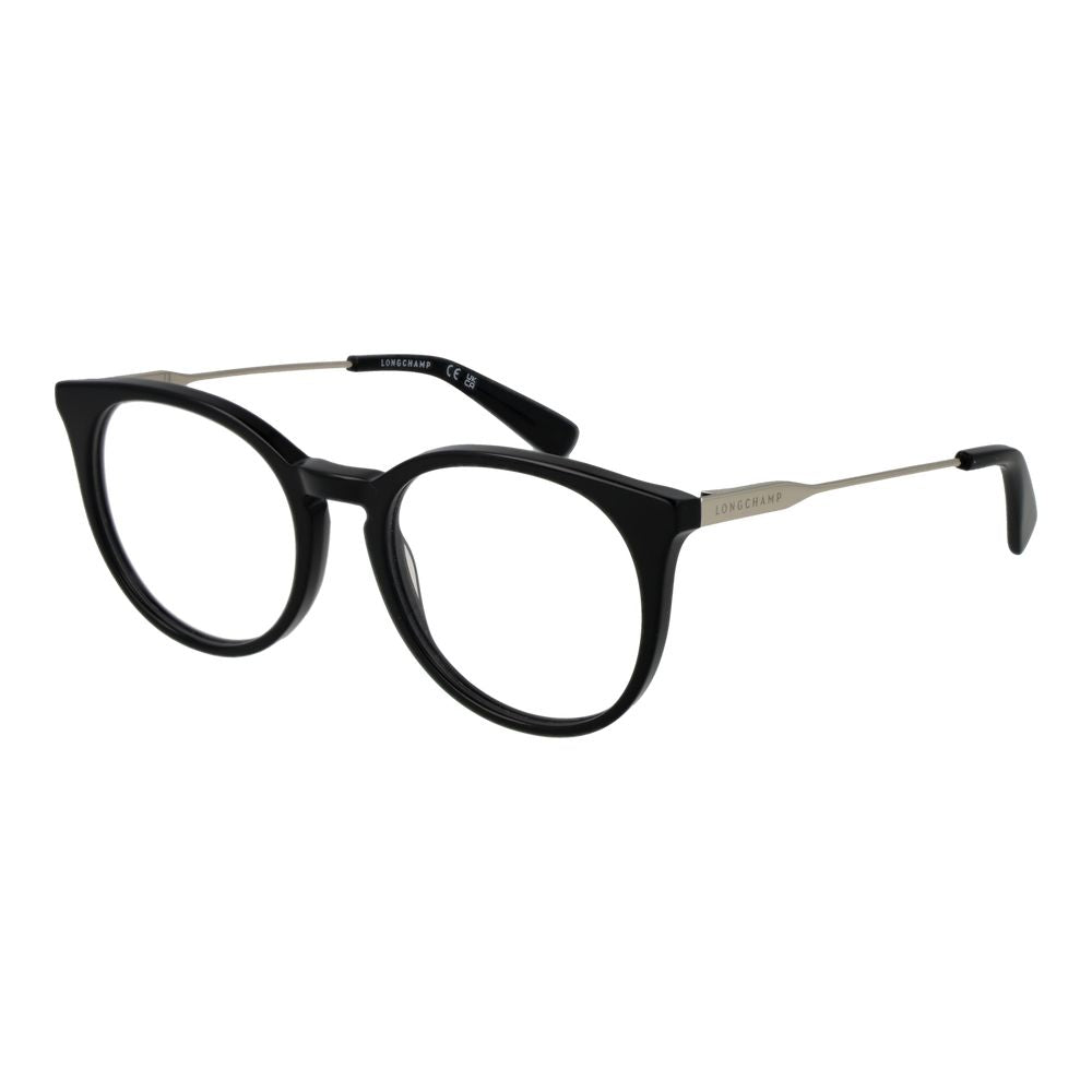 Longchamp Black Women Glasses Frame, round full-rim metal frame, demo lenses, size 51-18-140, spring hinge, includes branded case.
