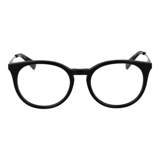 Longchamp Black Women Glasses Frame in full-rim round style, metal material, size 51-18-140, featuring demo lenses with spring hinge.