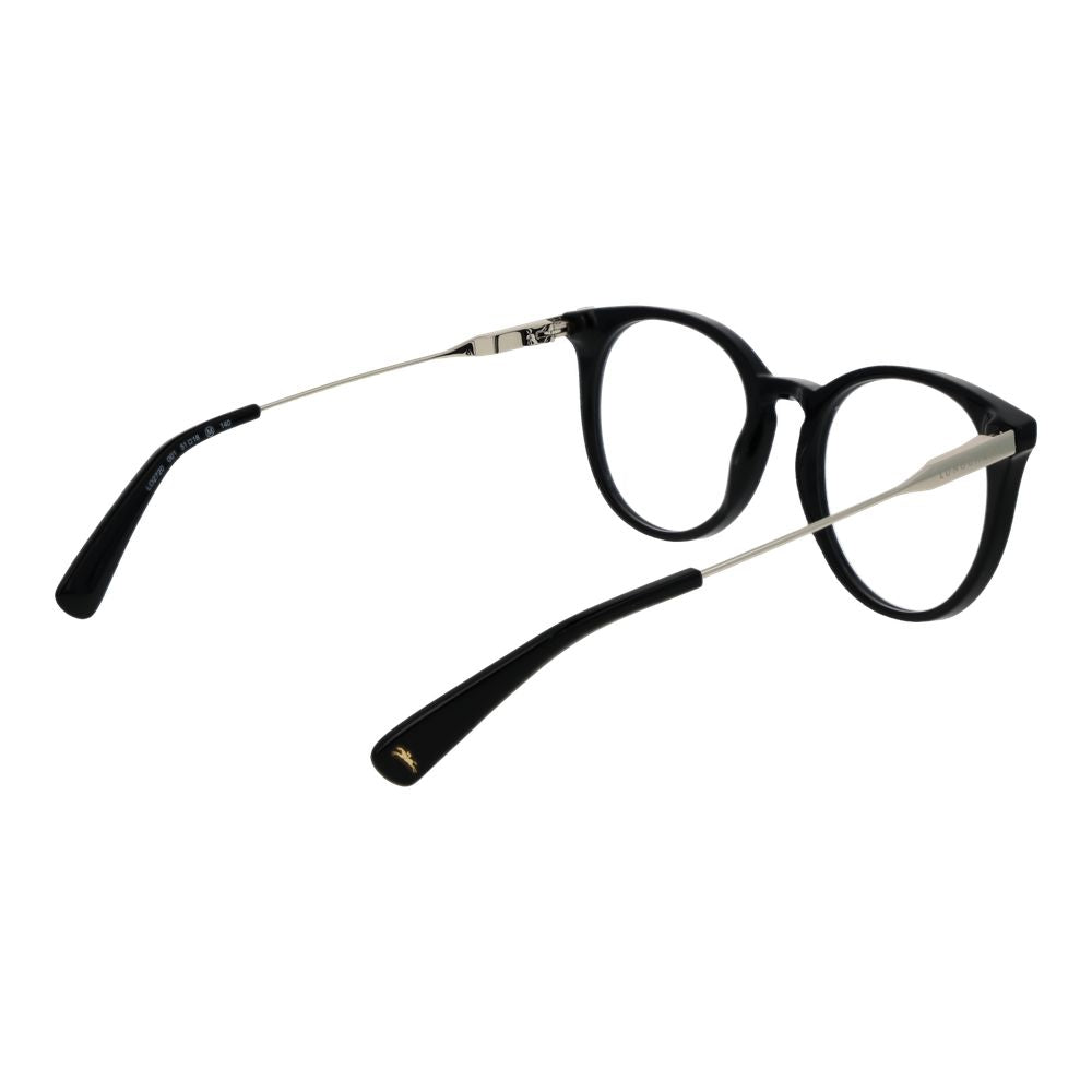 Longchamp Black Women Glasses Frame, full-rim round style with metal frame, spring hinges, size 51-18-140, demo lenses, black color.