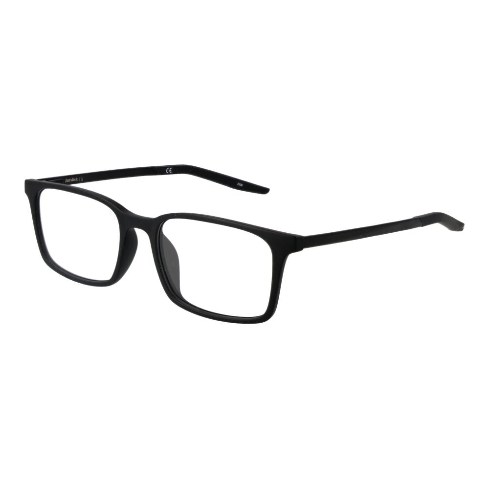 Nike Black Unisex Glasses Frame, full-rim rectangle style with plastic lenses, size 52-17-145, includes branded case.