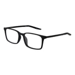 Nike Black Unisex Glasses Frame, full-rim rectangle style with plastic lenses, size 52-17-145, includes branded case.