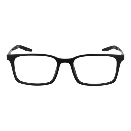 Nike Black Unisex Glasses Frame with full-rim rectangular design, plastic lenses, and spring hinge for comfort. Size 52-17-145.