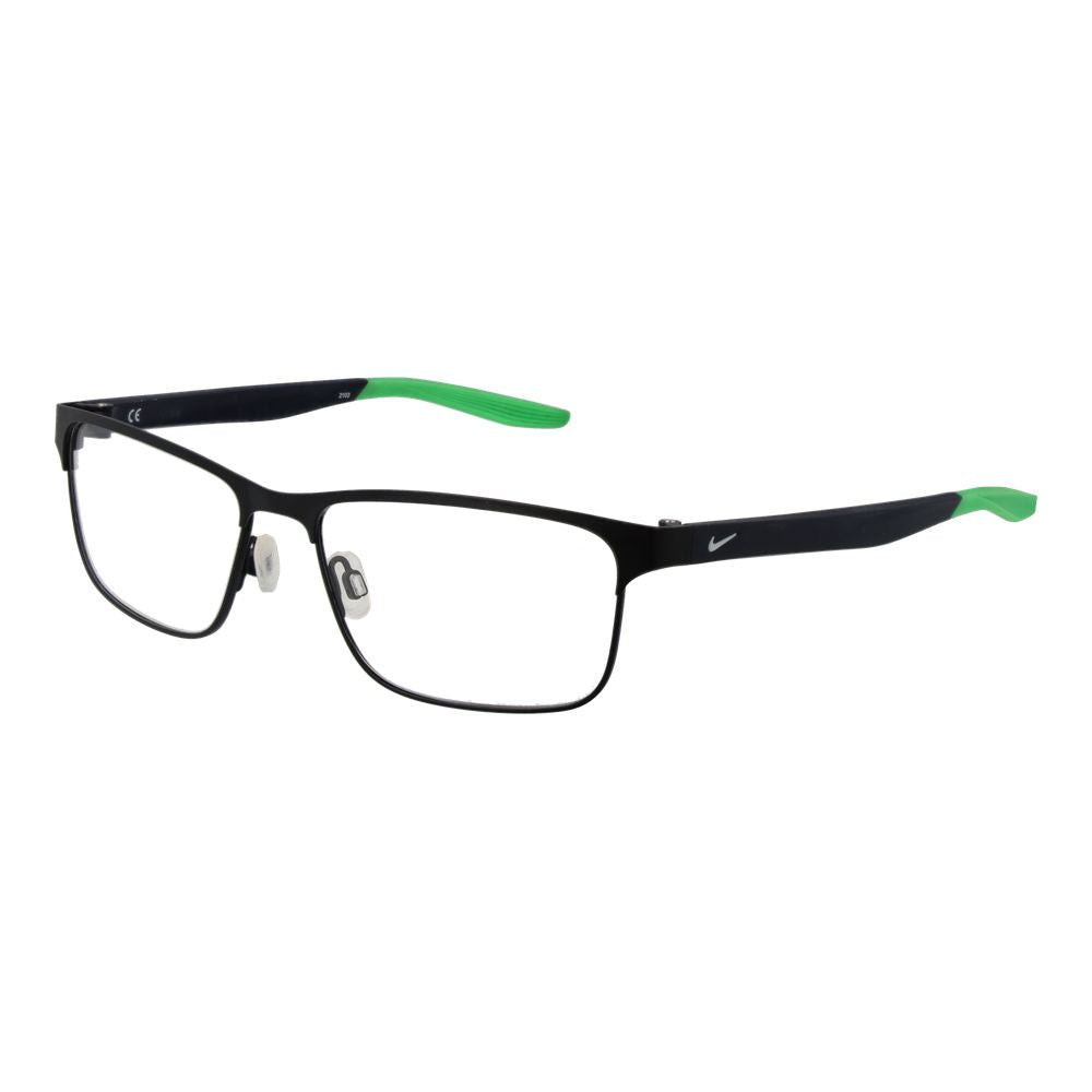 Nike Black Men Glasses Frame, black stainless steel full-rim rectangle with demo plastic lenses, size 56-16-140, no spring hinge.