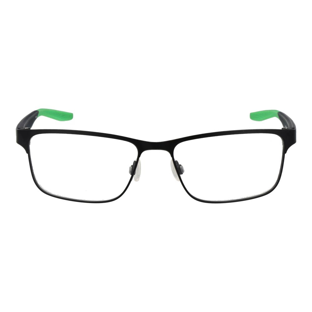 Nike Black Men Glasses Frame in rectangular stainless steel full-rim style, featuring black color and demo lenses, size 56-16-140.