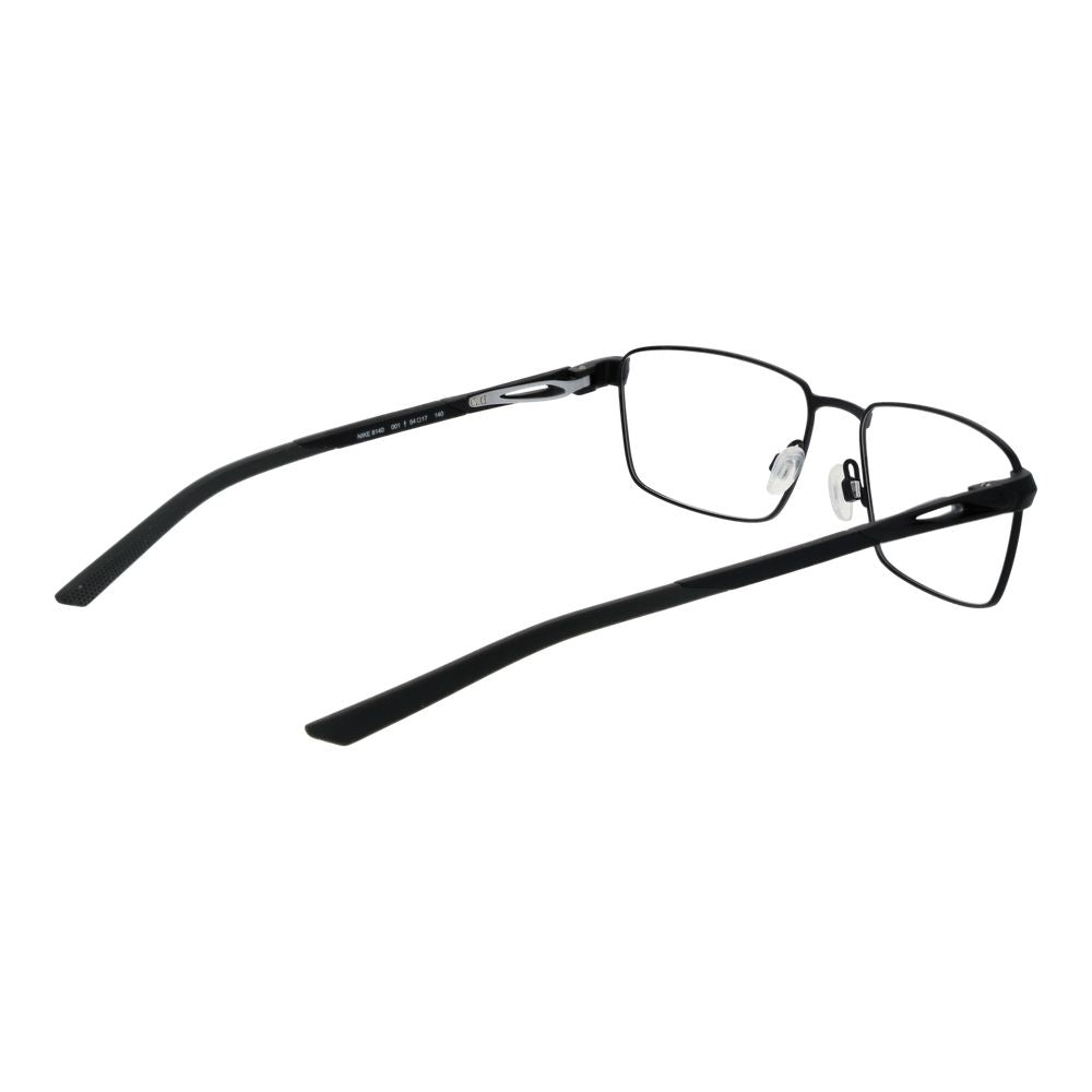 Nike Black Men Glasses Frame with full-rim metal rectangle style and demo plastic lenses, shown in side angle.