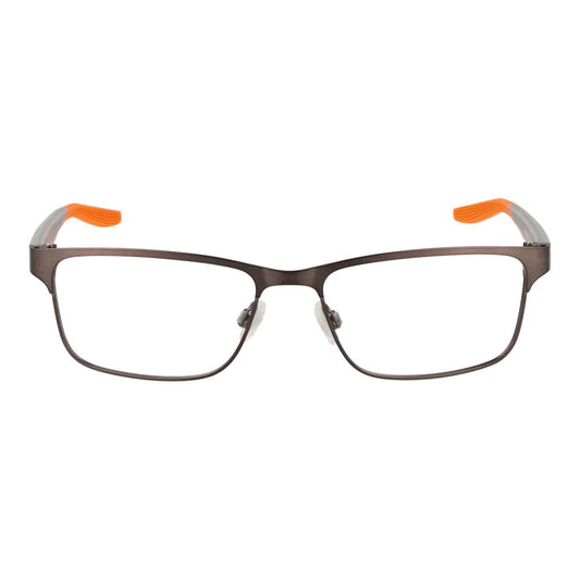 Nike Black Men Glasses Frame in black stainless steel with full-rim rectangle design, demo lenses, and copper accents, size 54-16-140.