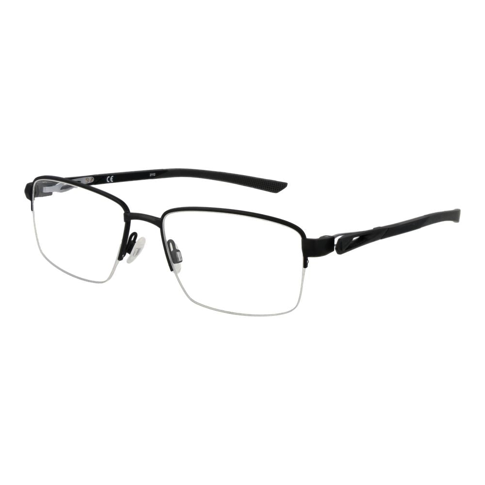 Nike Black Men Glasses Frame with metal half-rim design, rectangle style, black color, size 55-17-140, demo lenses included.