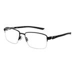 Nike Black Men Glasses Frame with metal half-rim design, rectangle style, black color, size 55-17-140, demo lenses included.
