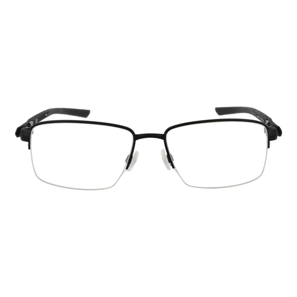 Nike Black Men Glasses Frame, half-rim metal rectangle style with demo lenses, 55-17-140 size, black frame.